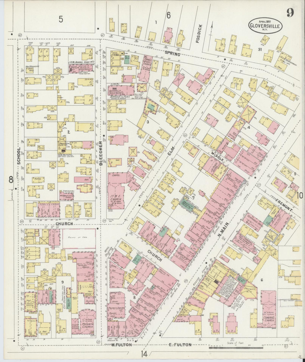 Sanborn Fire Insurance Map from Gloversville, Fulton County, New York (1897), Sheet #0009 - Historic Sanborn Fire Insurance Map Print, vintage old map wall art, antique decor, genealogy gift, New York New York map