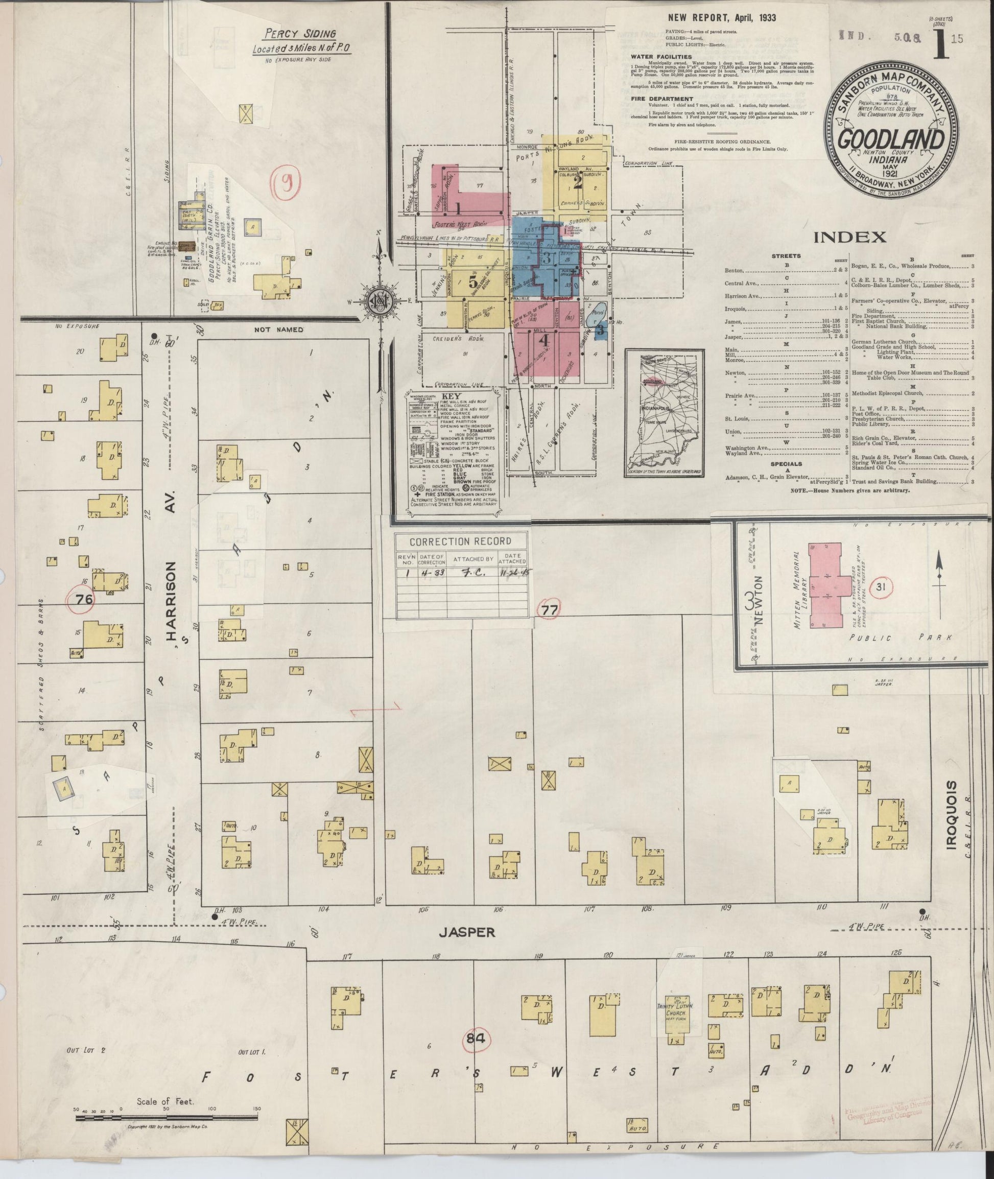 Sanborn Fire Insurance Map from Goodland, Newton County, Indiana. (1933) – Historic Sanborn Fire Insurance Map Print