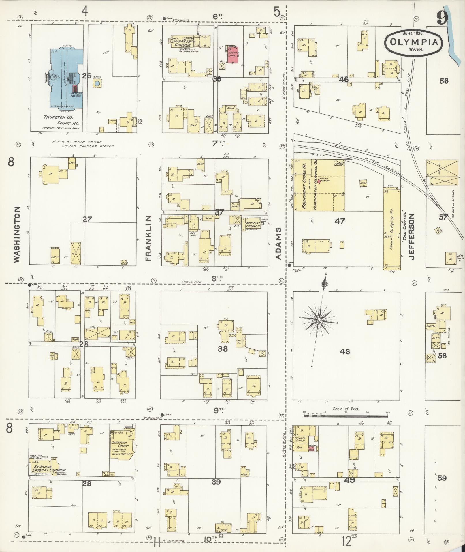 Sanborn Fire Insurance Map from Olympia, Thurston County, Washington (1896), Sheet #0009 - Complete Map Set gallery image, historic Sanborn map, vintage wall art, Washington Washington