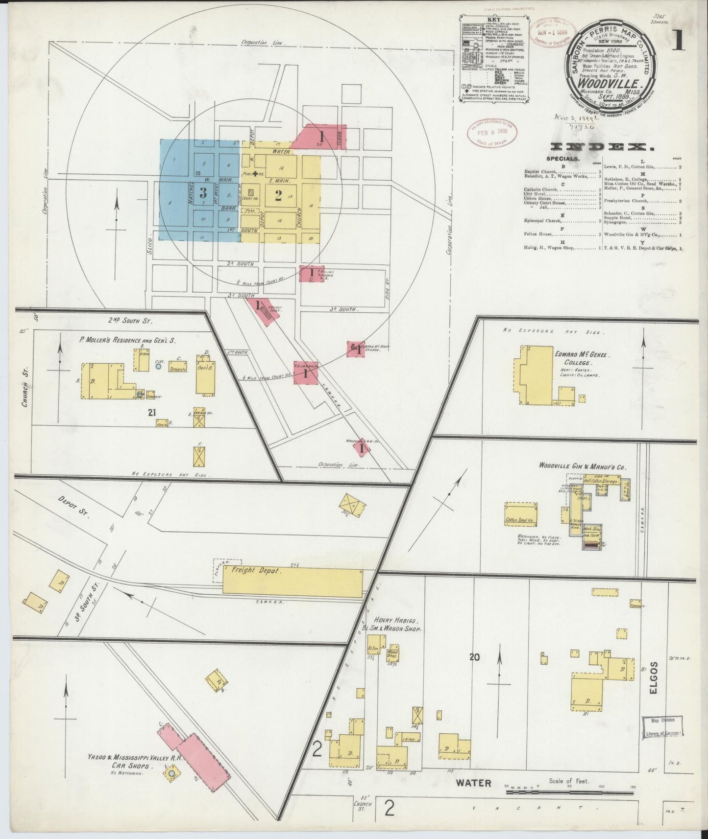 Sanborn Fire Insurance Map from Woodville, Wilkinson County, Mississippi (1899), Sheet #0001 - Historic Sanborn Fire Insurance Map Print, vintage old map wall art, antique decor, genealogy gift, Mississippi Mississippi map
