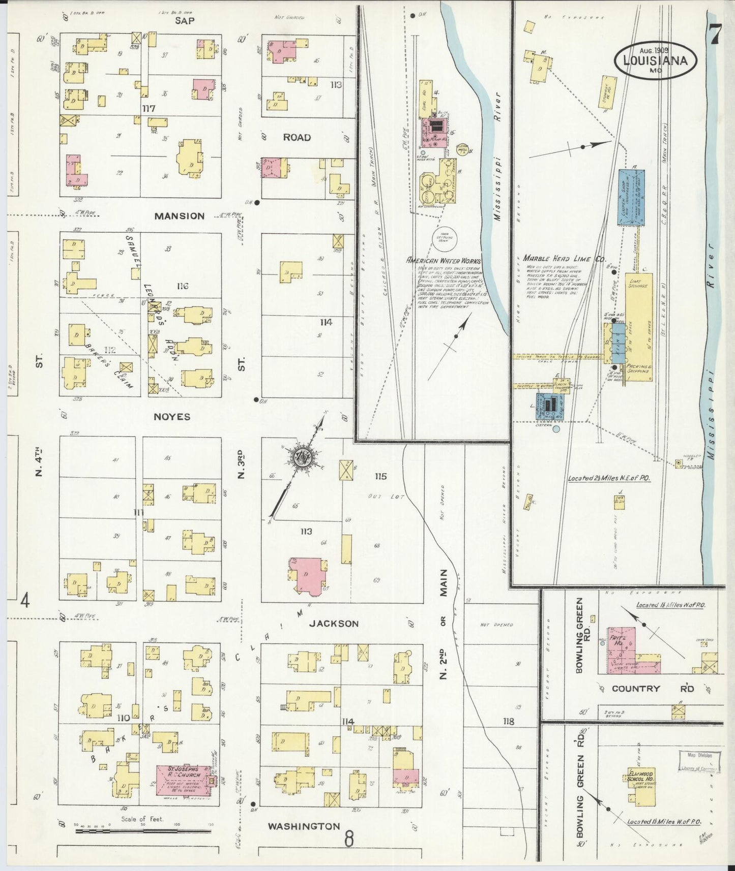 Sanborn Fire Insurance Map from Louisiana, Pike County, Missouri (1909), Sheet #0007 - Complete Map Set gallery image, historic Sanborn map, vintage wall art, Missouri Missouri