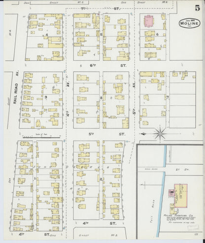 Sanborn Fire Insurance Map from Moline, Rock Island County, Illinois (1892), Sheet #0005 - Historic Sanborn Fire Insurance Map Print, vintage old map wall art, antique decor, genealogy gift, Illinois Illinois map
