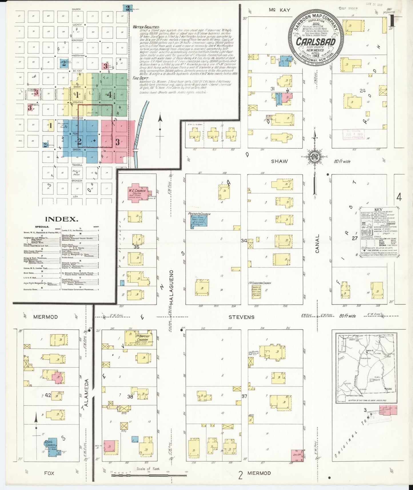 Sanborn Fire Insurance Map from Carlsbad, Eddy County, New Mexico (1913), Sheet #0001 - Historic Sanborn Fire Insurance Map Print, vintage old map wall art, antique decor, genealogy gift, New Mexico New Mexico map