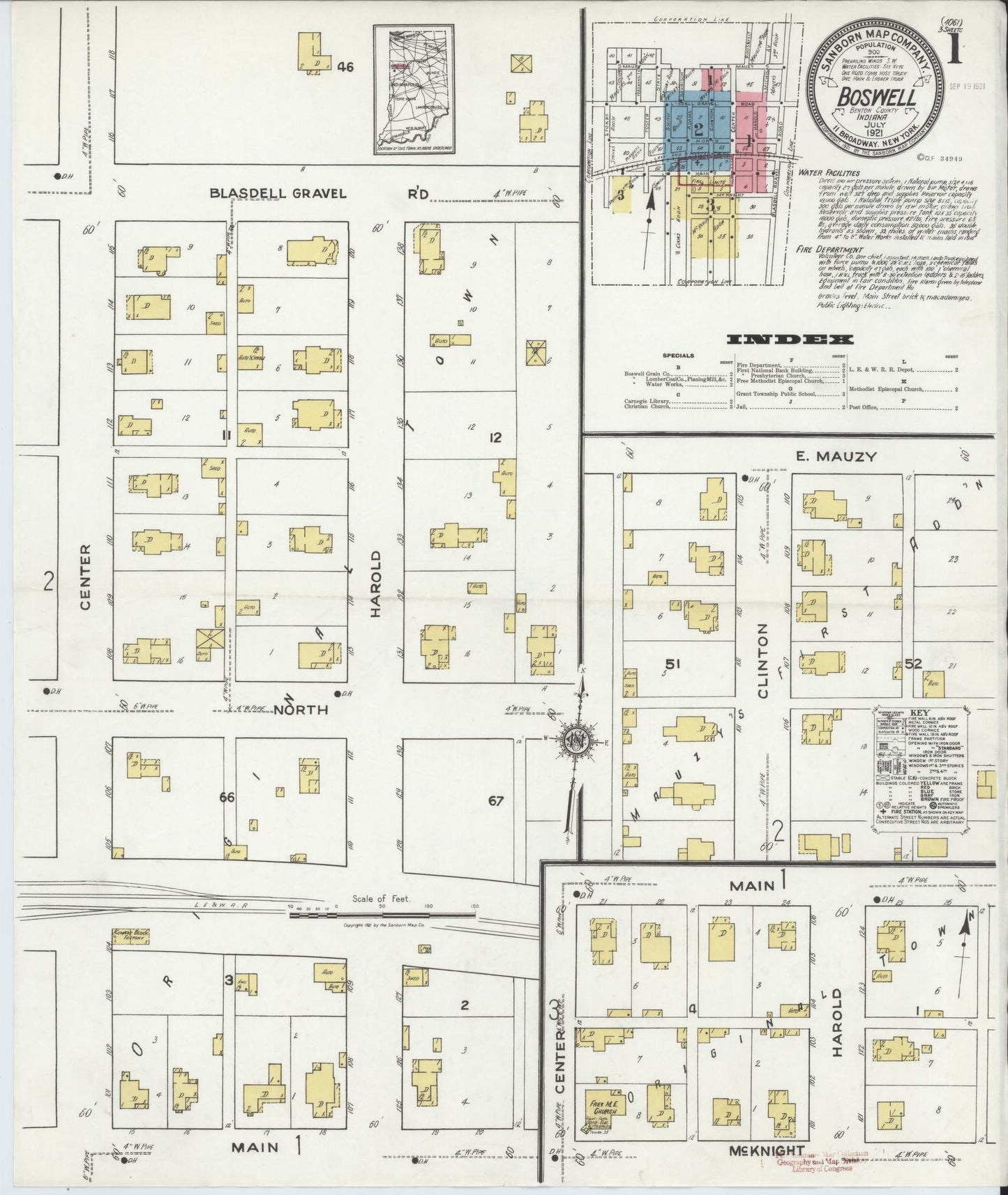 Sanborn Fire Insurance Map from Boswell, Benton County, Indiana (1921), Sheet #0001 - Historic Sanborn Fire Insurance Map Print, vintage old map wall art, antique decor, genealogy gift, Indiana Indiana map