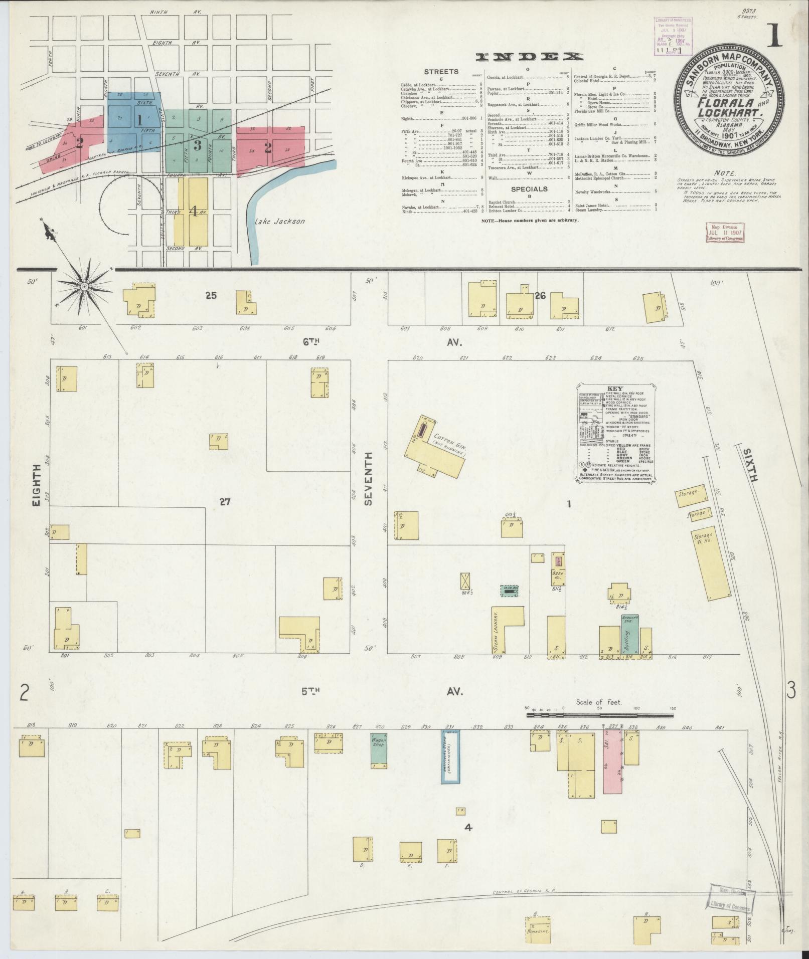 Sanborn Fire Insurance Map from Florala, Covington County, Alabama (1907), Sheet #0001 - Historic Sanborn Fire Insurance Map Print, vintage old map wall art, antique decor, genealogy gift, Alabama Alabama map