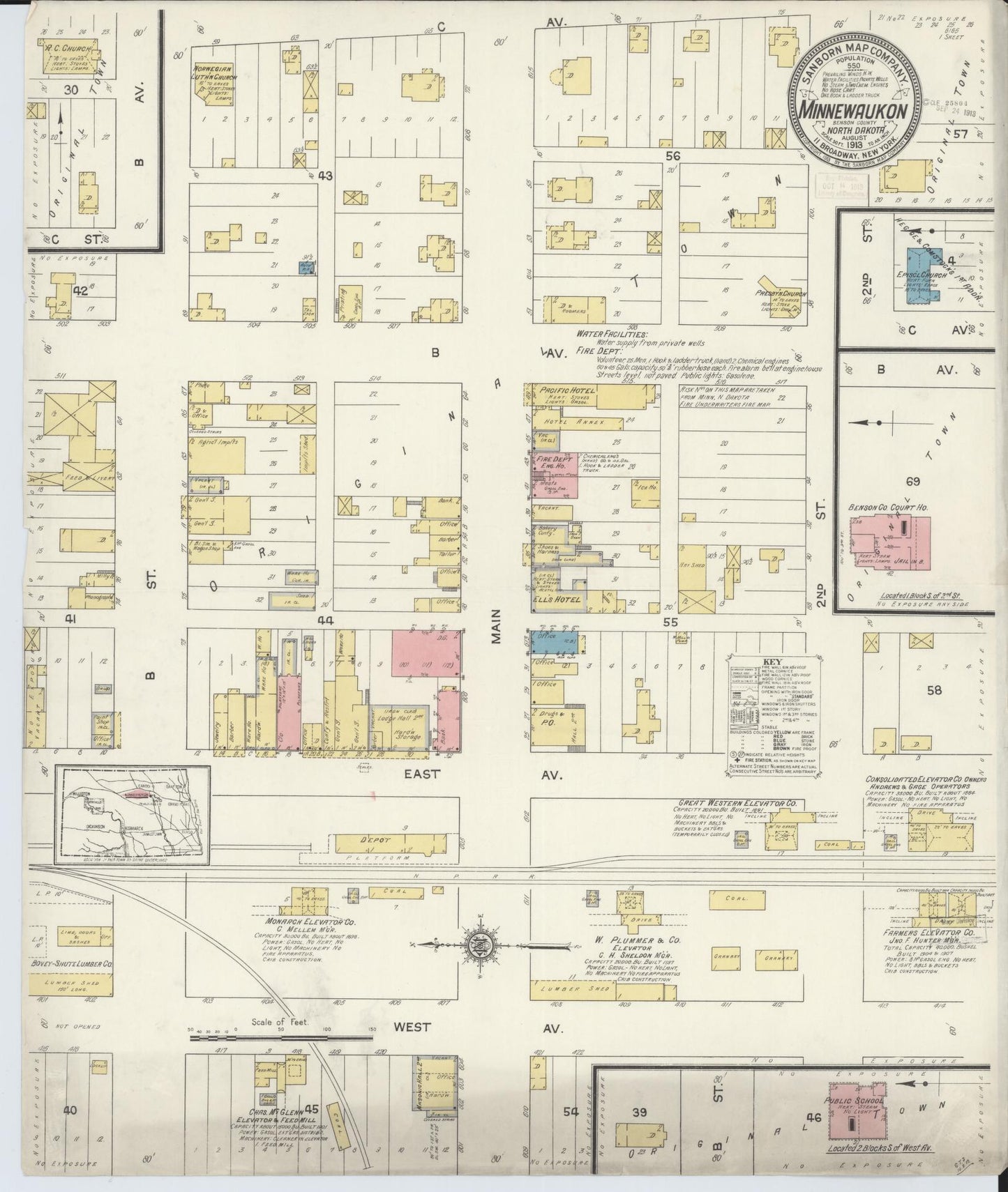 Sanborn Fire Insurance Map from Minnewaukan, Benson County, North Dakota (1913), Sheet #0001 - Historic Sanborn Fire Insurance Map Print, vintage old map wall art, antique decor, genealogy gift, North Dakota North Dakota map