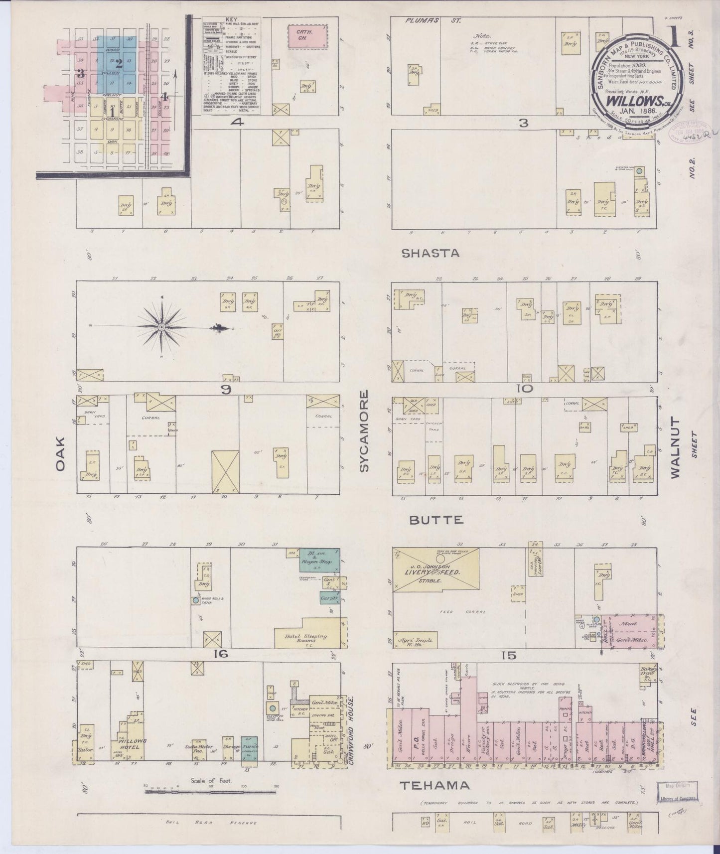 Sanborn Fire Insurance Map from Willows, Glenn County, California (1886), Sheet #0001 - Complete Map Set gallery image, historic Sanborn map, vintage wall art, California California