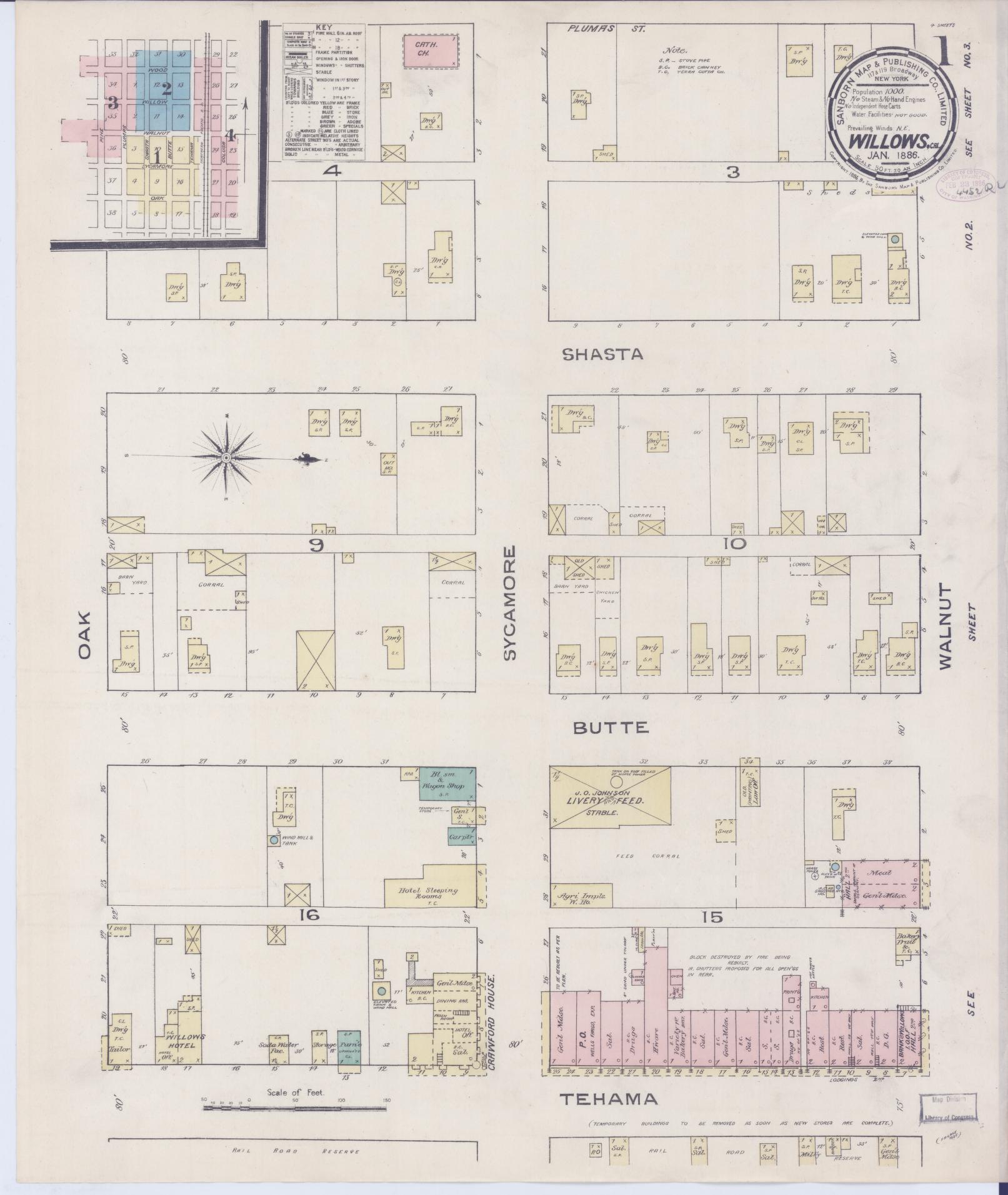 Sanborn Fire Insurance Map from Willows, Glenn County, California (1886), Sheet #0001 - Complete Map Set gallery image, historic Sanborn map, vintage wall art, California California