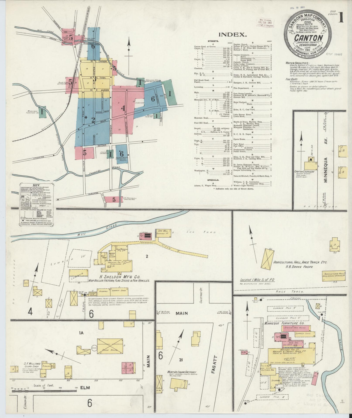 Sanborn Fire Insurance Map from Canton, Bradford County, Pennsylvania (1911), Sheet #0001 - Historic Sanborn Fire Insurance Map Print, vintage old map wall art, antique decor, genealogy gift, Pennsylvania Pennsylvania map