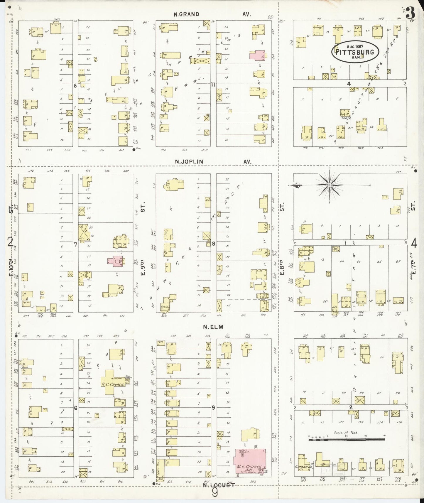 Sanborn Fire Insurance Map from Pittsburg, Crawford County, Kansas (1897), Sheet #0003 - Historic Sanborn Fire Insurance Map Print, vintage old map wall art, antique decor, genealogy gift, Kansas Kansas map