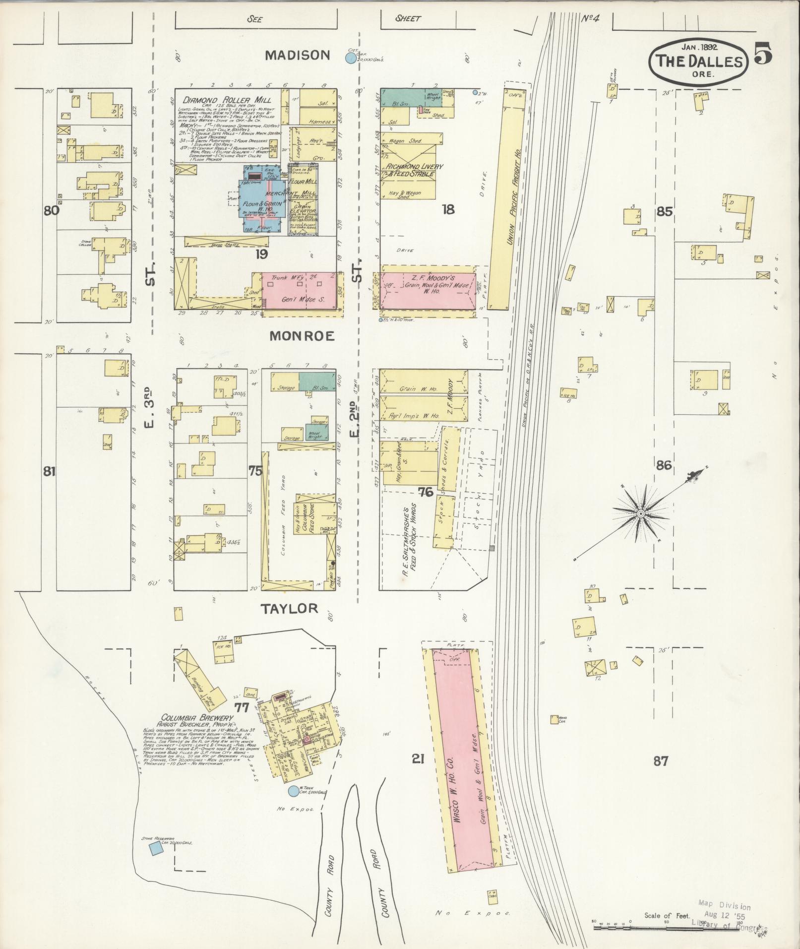 Sanborn Fire Insurance Map from The Dalles, Wasco County, Oregon (1892), Sheet #0005 - Historic Sanborn Fire Insurance Map Print, vintage old map wall art, antique decor, genealogy gift, Oregon Oregon map