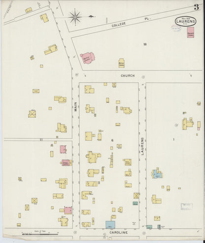 Sanborn Fire Insurance Map from Laurens, Laurens County, South Carolina (1894), Sheet #0003 - Complete Map Set gallery image, historic Sanborn map, vintage wall art, South Carolina South Carolina