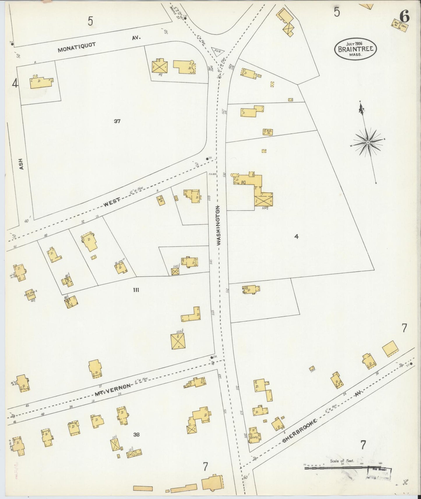 Sanborn Fire Insurance Map from Braintree, Norfolk County, Massachusetts (1906), Sheet #0006 - Complete Map Set gallery image, historic Sanborn map, vintage wall art, Massachusetts Massachusetts