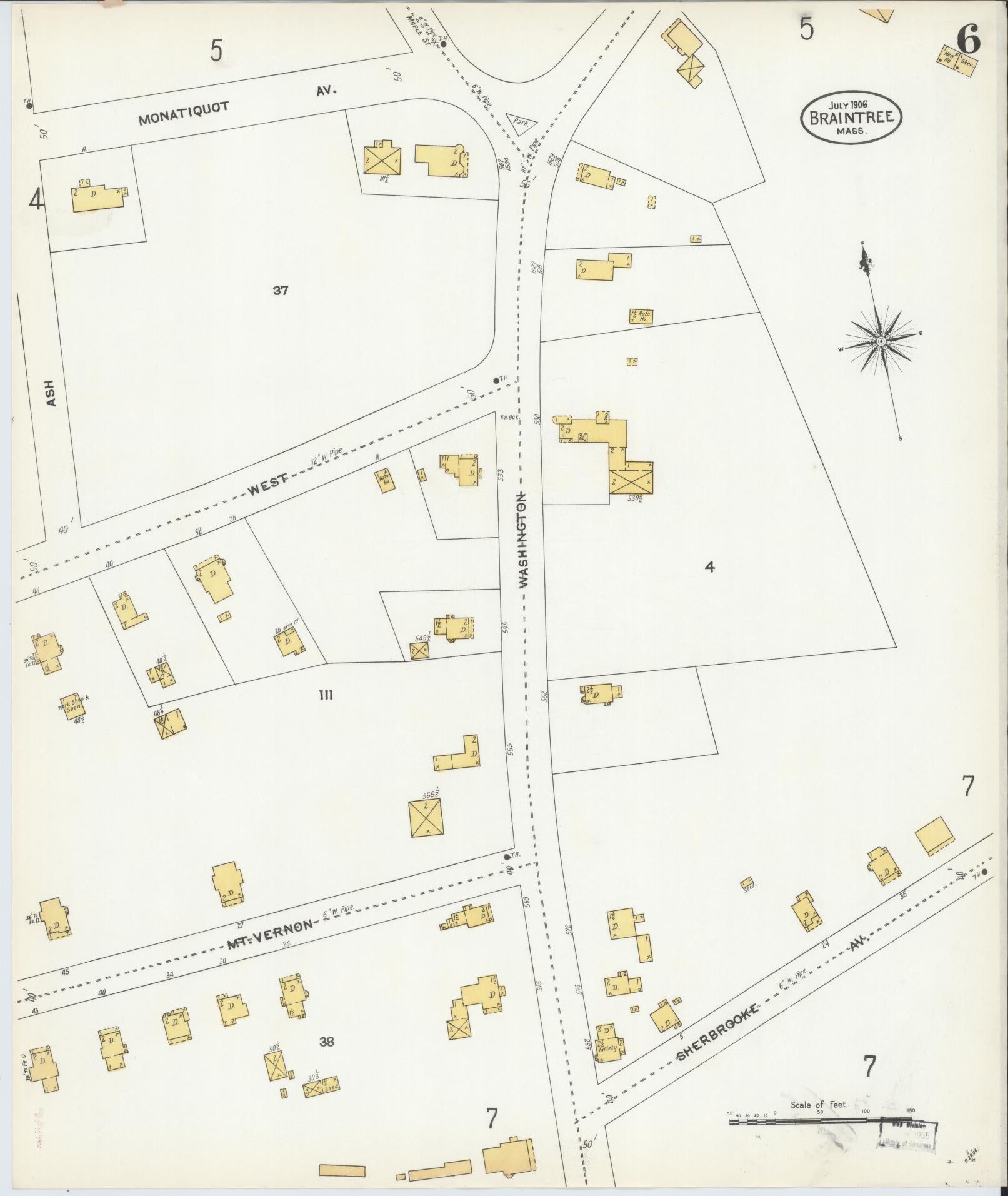 Sanborn Fire Insurance Map from Braintree, Norfolk County, Massachusetts (1906), Sheet #0006 - Complete Map Set gallery image, historic Sanborn map, vintage wall art, Massachusetts Massachusetts