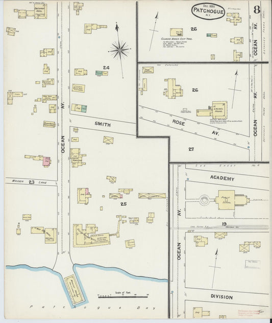 Sanborn Fire Insurance Map from Patchogue, Suffolk County, New York (1891), Sheet #0008 - Historic Sanborn Fire Insurance Map Print, vintage old map wall art, antique decor, genealogy gift, New York New York map