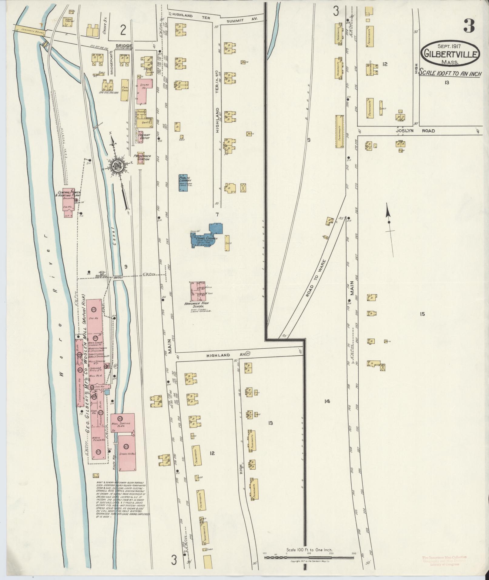 Sanborn Fire Insurance Map from Gilbertville, Worcester County, Massachusetts (1917), Sheet #0003 - Historic Sanborn Fire Insurance Map Print, vintage old map wall art, antique decor, genealogy gift, Massachusetts Massachusetts map