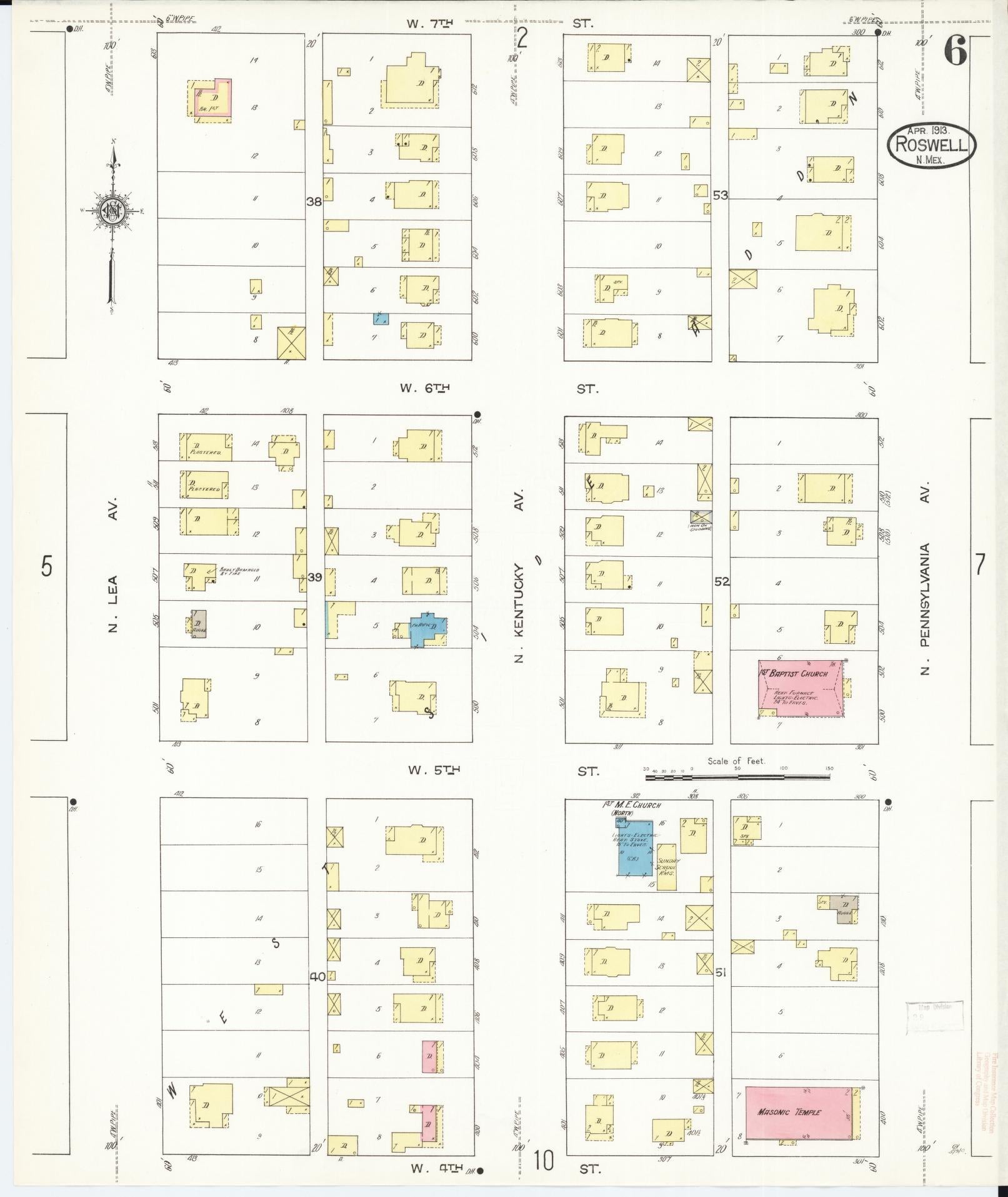 Sanborn Fire Insurance Map from Roswell, Chaves County, New Mexico (1913), Sheet #0006 - Historic Sanborn Fire Insurance Map Print, vintage old map wall art, antique decor, genealogy gift, New Mexico New Mexico map