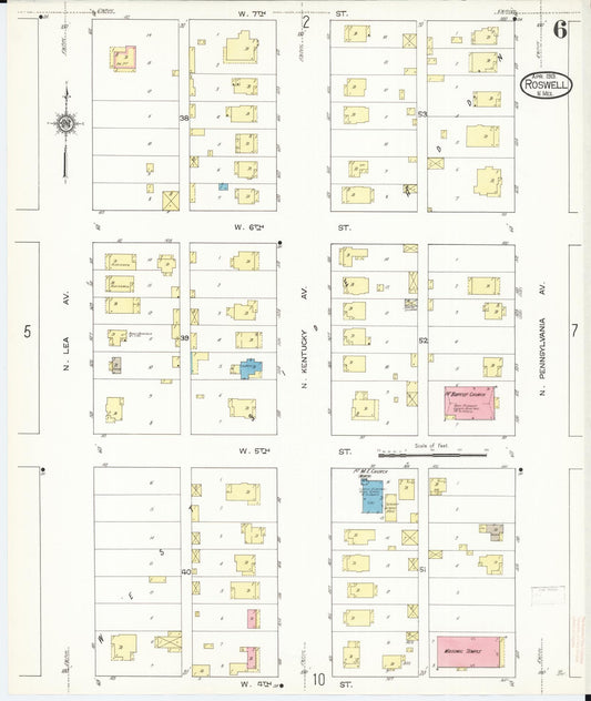Sanborn Fire Insurance Map from Roswell, Chaves County, New Mexico (1913), Sheet #0006 - Historic Sanborn Fire Insurance Map Print, vintage old map wall art, antique decor, genealogy gift, New Mexico New Mexico map
