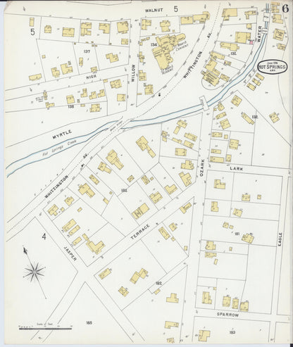 Sanborn Fire Insurance Map from Hot Springs, Garland County, Arkansas (1896), Sheet #0006 - Complete Map Set gallery image, historic Sanborn map, vintage wall art, Arkansas Arkansas