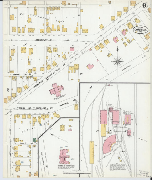 Sanborn Fire Insurance Map from Cambridge, Guernsey County, Ohio (1901), Sheet #0009 - Historic Sanborn Fire Insurance Map Print, vintage old map wall art, antique decor, genealogy gift, Ohio Ohio map