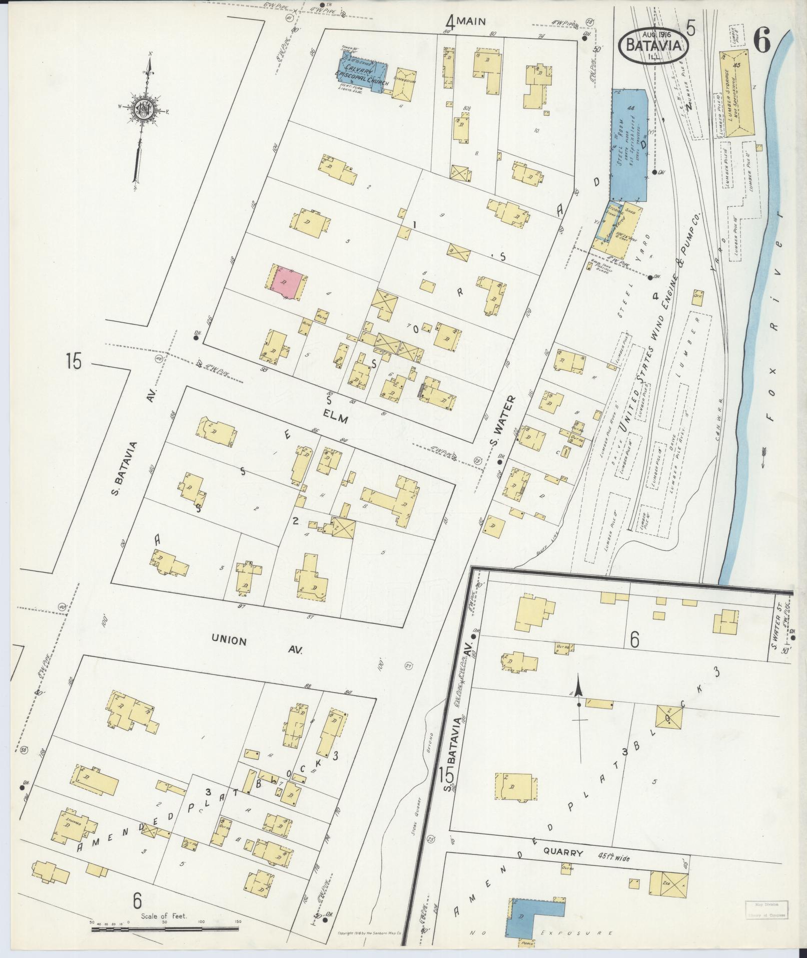 Sanborn Fire Insurance Map from Batavia, Kane County, Illinois (1916), Sheet #0006 - Historic Sanborn Fire Insurance Map Print, vintage old map wall art, antique decor, genealogy gift, Illinois Illinois map