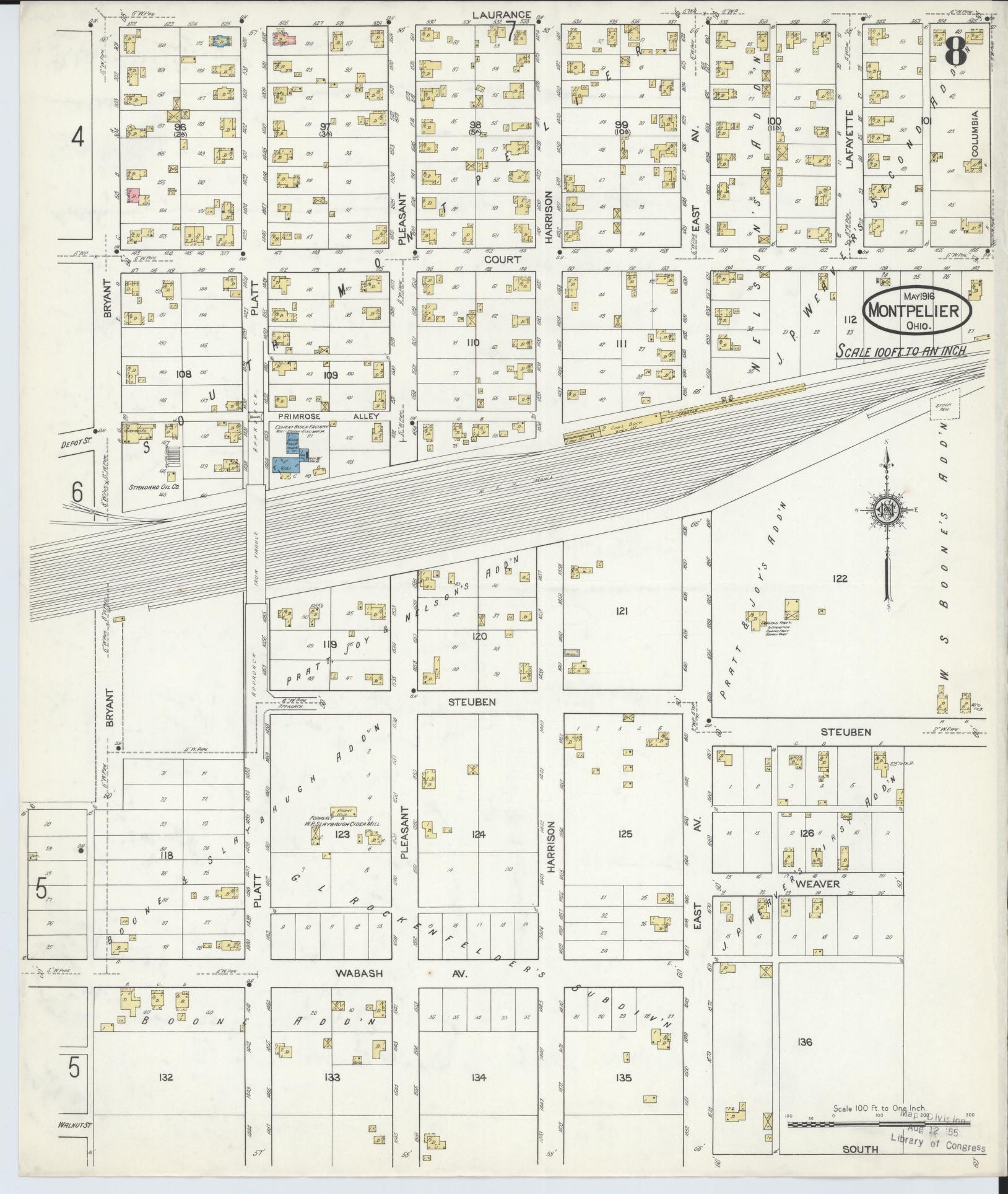 Sanborn Fire Insurance Map from Montpelier, Williams County, Ohio (1916), Sheet #0008 - Historic Sanborn Fire Insurance Map Print, vintage old map wall art, antique decor, genealogy gift, Ohio Ohio map