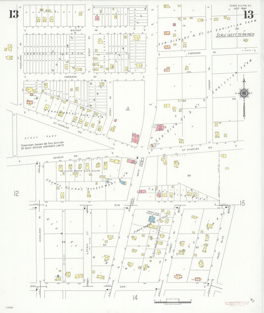 Sanborn Fire Insurance Map from Glen Ellyn, Du Page County, Illinois (1940), Sheet #0013 - Historic Sanborn Fire Insurance Map Print, vintage old map wall art, antique decor, genealogy gift, Illinois Illinois map