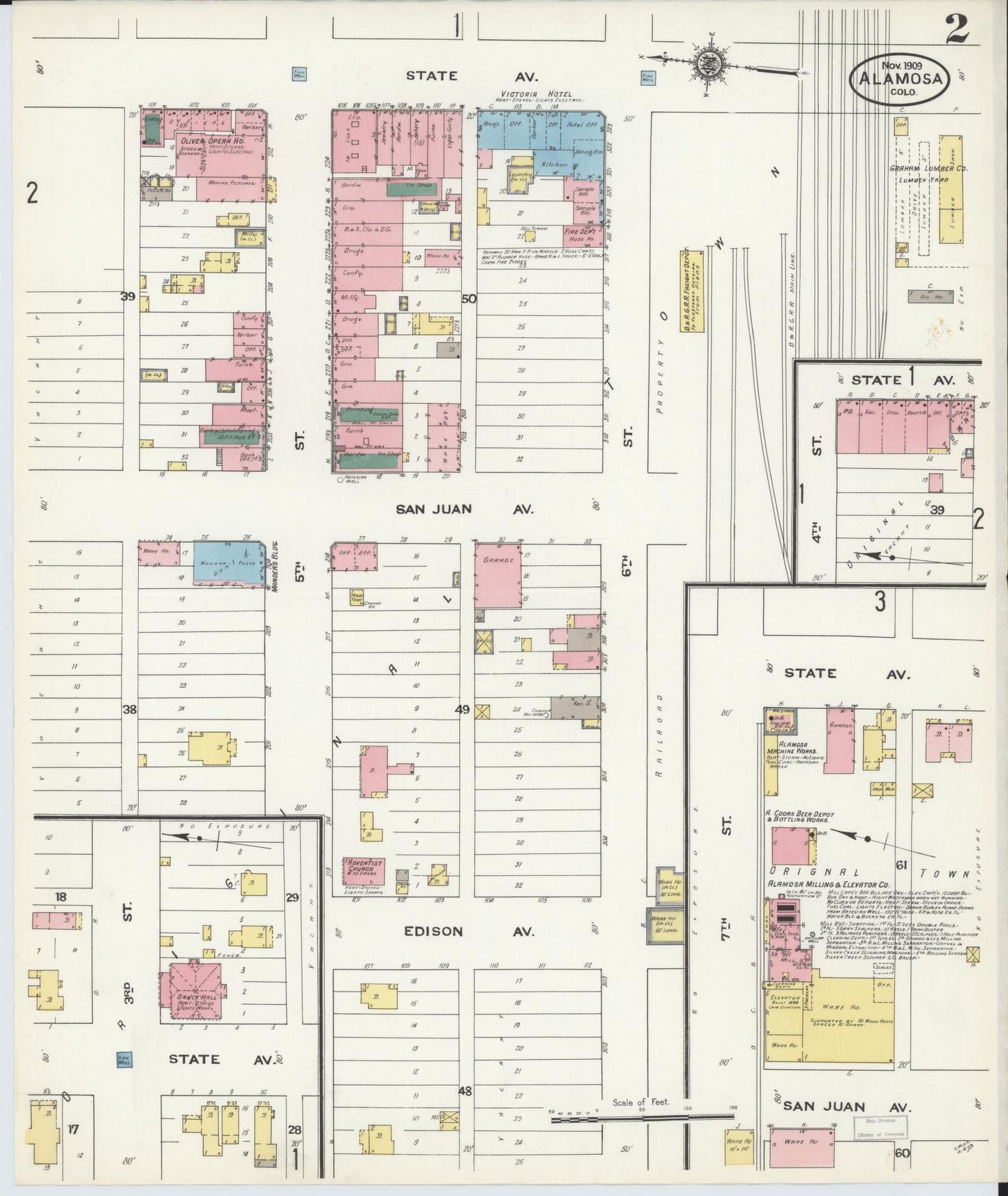 Sanborn Fire Insurance Map from Alamosa, Alamosa County, Colorado (1909), Sheet #0002 - Complete Map Set gallery image, historic Sanborn map, vintage wall art, Colorado Colorado