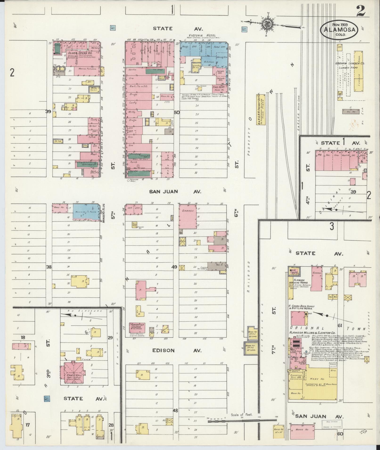 Sanborn Fire Insurance Map from Alamosa, Alamosa County, Colorado (1909), Sheet #0002 - Complete Map Set gallery image, historic Sanborn map, vintage wall art, Colorado Colorado