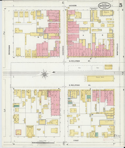 Sanborn Fire Insurance Map from Brookhaven, Lincoln County, Mississippi (1905), Sheet #0005 - Complete Map Set gallery image, historic Sanborn map, vintage wall art, Mississippi Mississippi