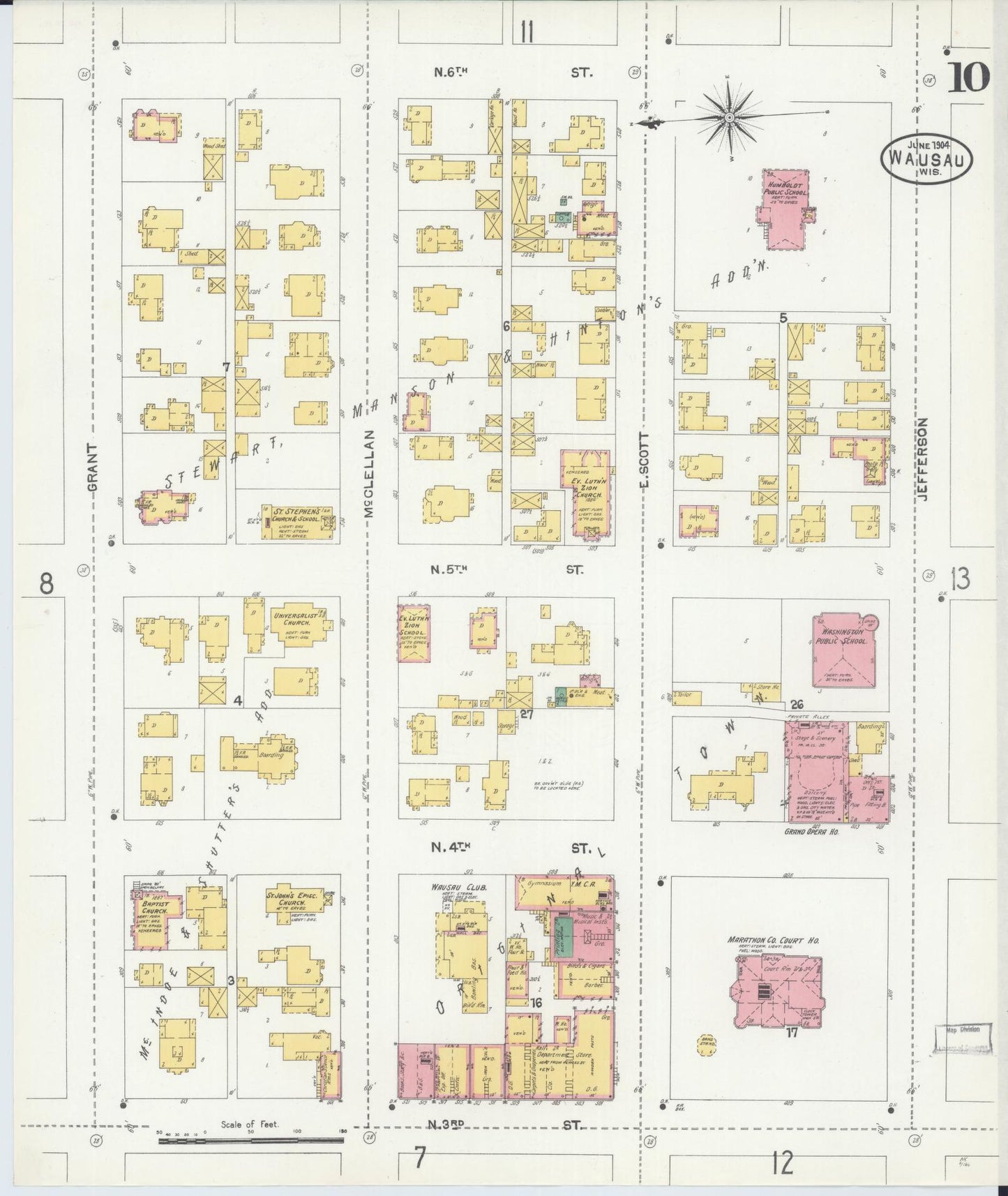 Sanborn Fire Insurance Map from Wausau, Marathon County, Wisconsin (1904), Sheet #0010 - Historic Sanborn Fire Insurance Map Print, vintage old map wall art, antique decor, genealogy gift, Wisconsin Wisconsin map