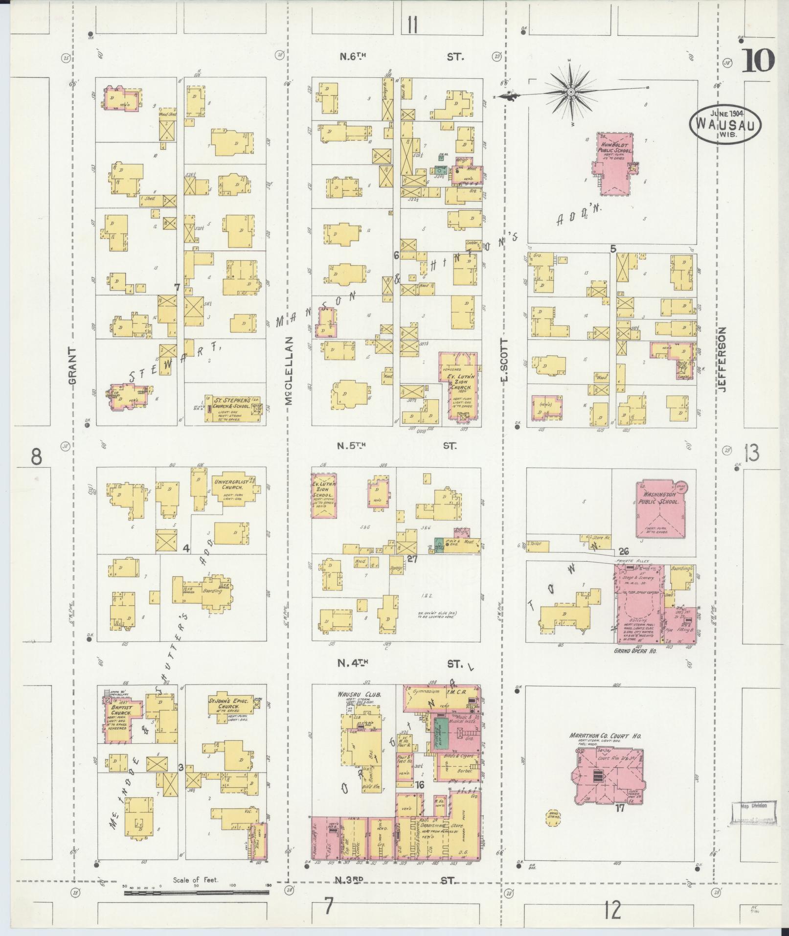 Sanborn Fire Insurance Map from Wausau, Marathon County, Wisconsin (1904), Sheet #0010 - Historic Sanborn Fire Insurance Map Print, vintage old map wall art, antique decor, genealogy gift, Wisconsin Wisconsin map