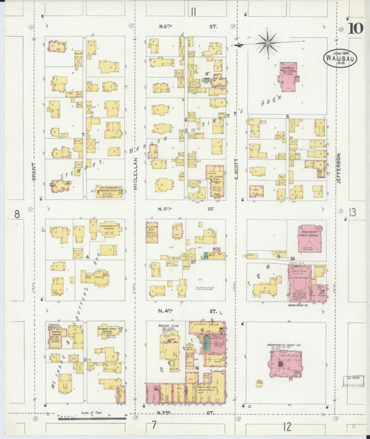 Sanborn Fire Insurance Map from Wausau, Marathon County, Wisconsin (1904), Sheet #0010 - Historic Sanborn Fire Insurance Map Print, vintage old map wall art, antique decor, genealogy gift, Wisconsin Wisconsin map