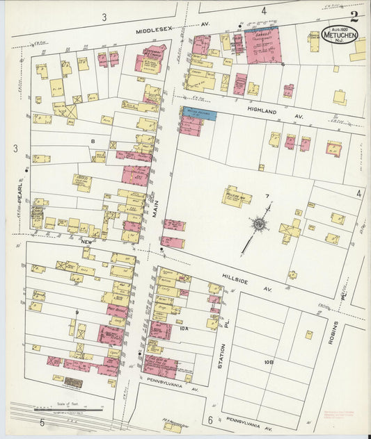 Sanborn Fire Insurance Map from Metuchen, Middlesex County, New Jersey (1920), Sheet #0002 - Historic Sanborn Fire Insurance Map Print, vintage old map wall art, antique decor, genealogy gift, New Jersey New Jersey map