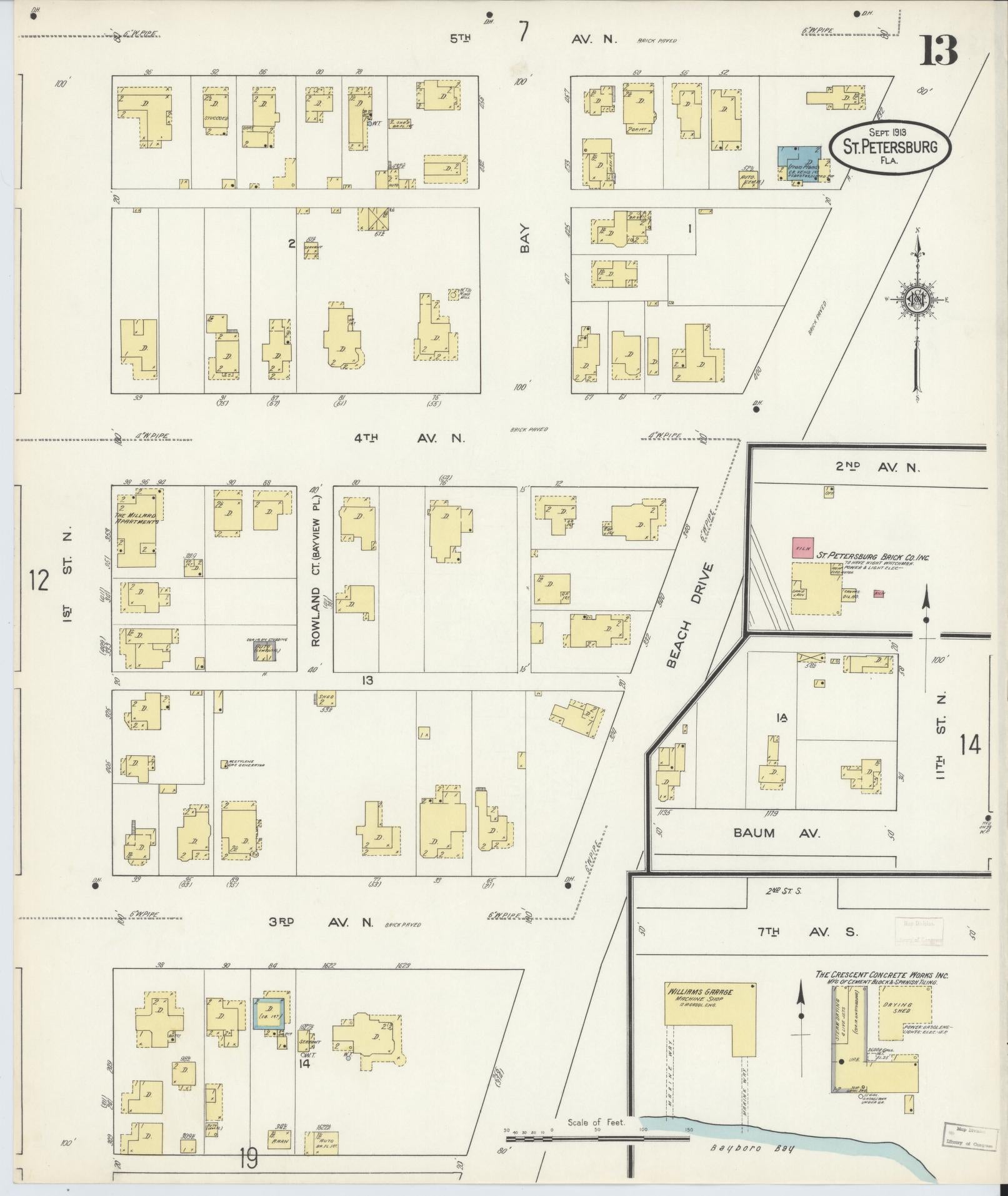 Sanborn Fire Insurance Map from Saint Petersburg, Pinellas County, Florida (1913), Sheet #0013 - Historic Sanborn Fire Insurance Map Print, vintage old map wall art, antique decor, genealogy gift, Florida Florida map