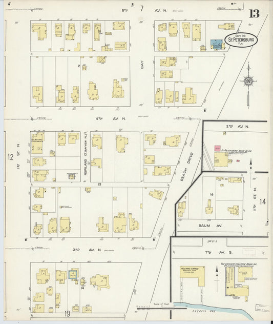 Sanborn Fire Insurance Map from Saint Petersburg, Pinellas County, Florida (1913), Sheet #0013 - Historic Sanborn Fire Insurance Map Print, vintage old map wall art, antique decor, genealogy gift, Florida Florida map