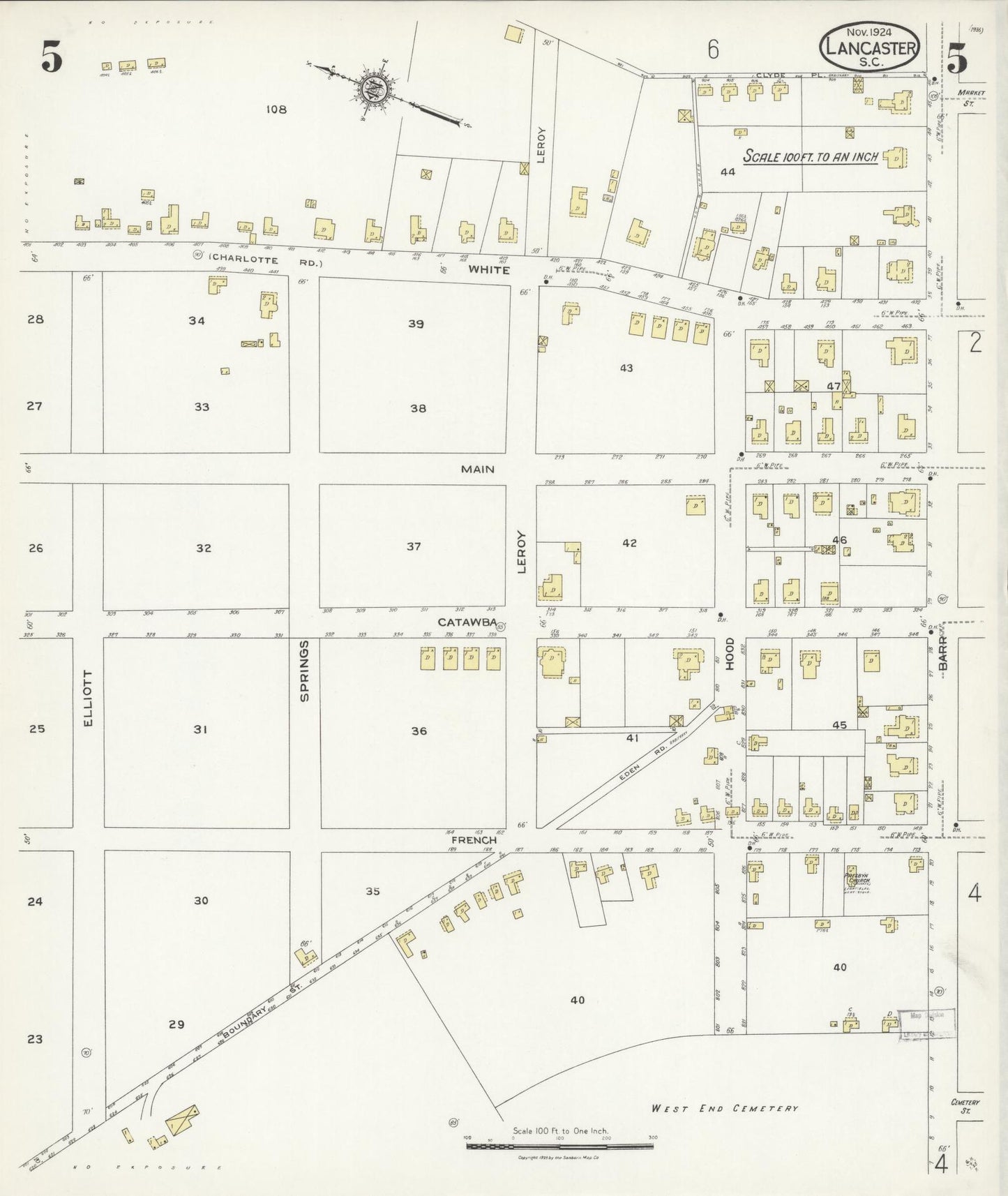 Sanborn Fire Insurance Map from Lancaster, Lancaster County, South Carolina (1924), Sheet #0005 - Complete Map Set gallery image, historic Sanborn map, vintage wall art, South Carolina South Carolina