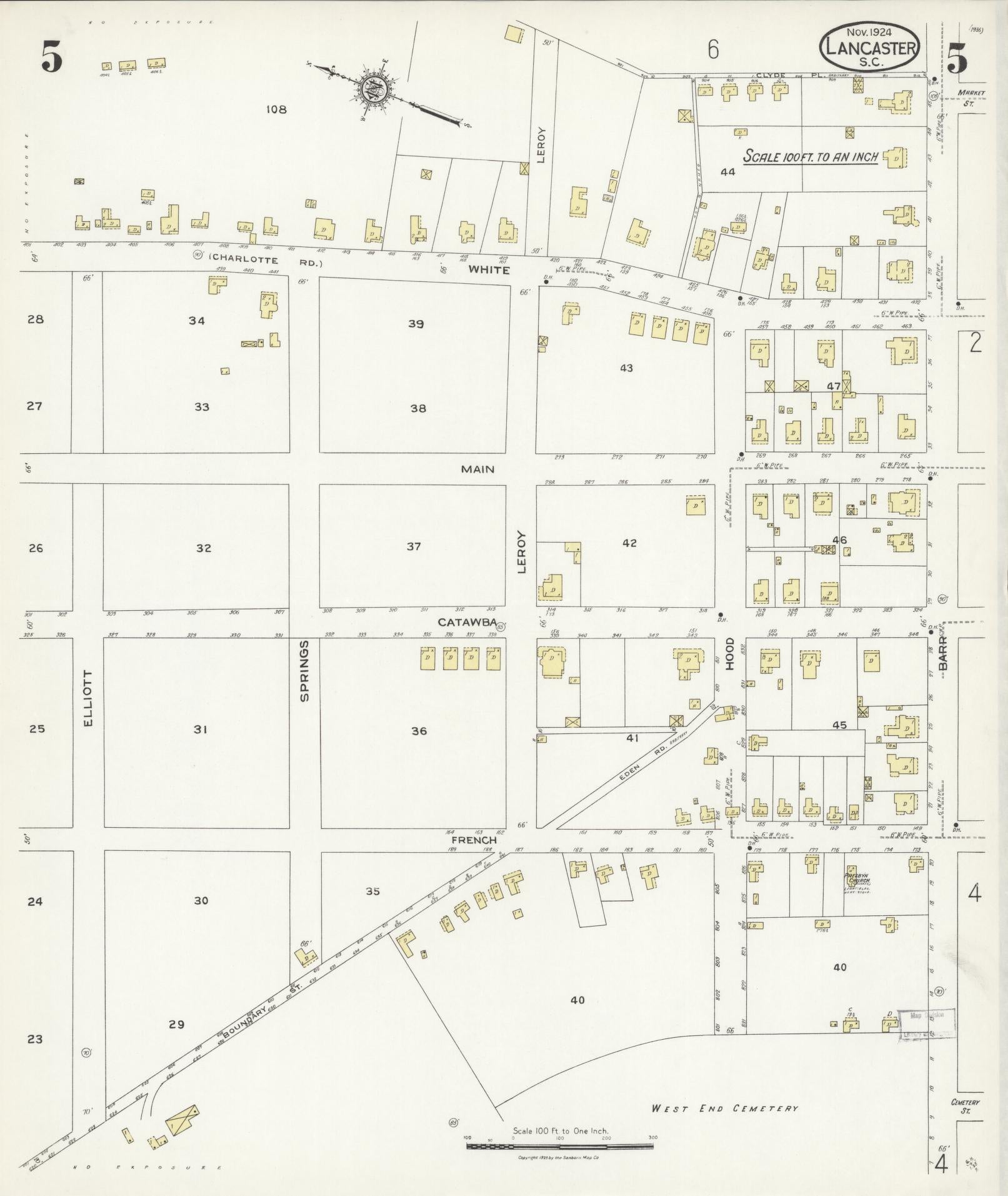 Sanborn Fire Insurance Map from Lancaster, Lancaster County, South Carolina (1924), Sheet #0005 - Complete Map Set gallery image, historic Sanborn map, vintage wall art, South Carolina South Carolina