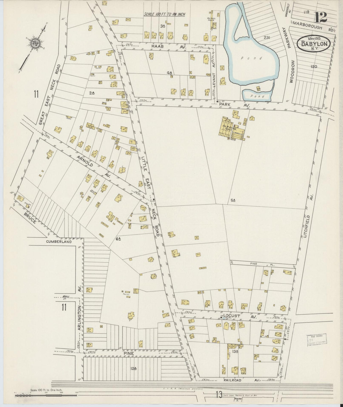 Sanborn Fire Insurance Map from Babylon, Suffolk County, New York (1915), Sheet #0012 - Historic Sanborn Fire Insurance Map Print, vintage old map wall art, antique decor, genealogy gift, New York New York map