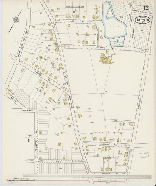 Sanborn Fire Insurance Map from Babylon, Suffolk County, New York (1915), Sheet #0012 - Historic Sanborn Fire Insurance Map Print, vintage old map wall art, antique decor, genealogy gift, New York New York map