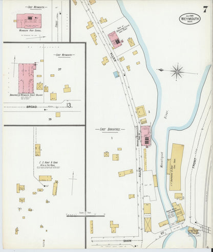 Sanborn Fire Insurance Map from Weymouth, Norfolk County, Massachusetts (1899), Sheet #0007 - Historic Sanborn Fire Insurance Map Print, vintage old map wall art, antique decor, genealogy gift, Massachusetts Massachusetts map
