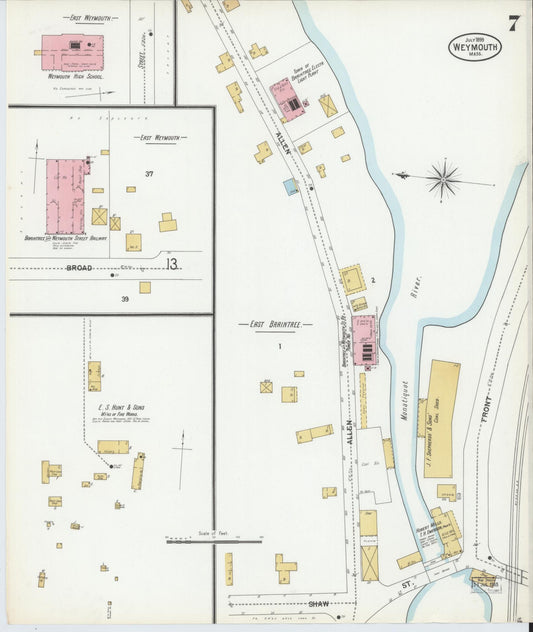 Sanborn Fire Insurance Map from Weymouth, Norfolk County, Massachusetts (1899), Sheet #0007 - Historic Sanborn Fire Insurance Map Print, vintage old map wall art, antique decor, genealogy gift, Massachusetts Massachusetts map