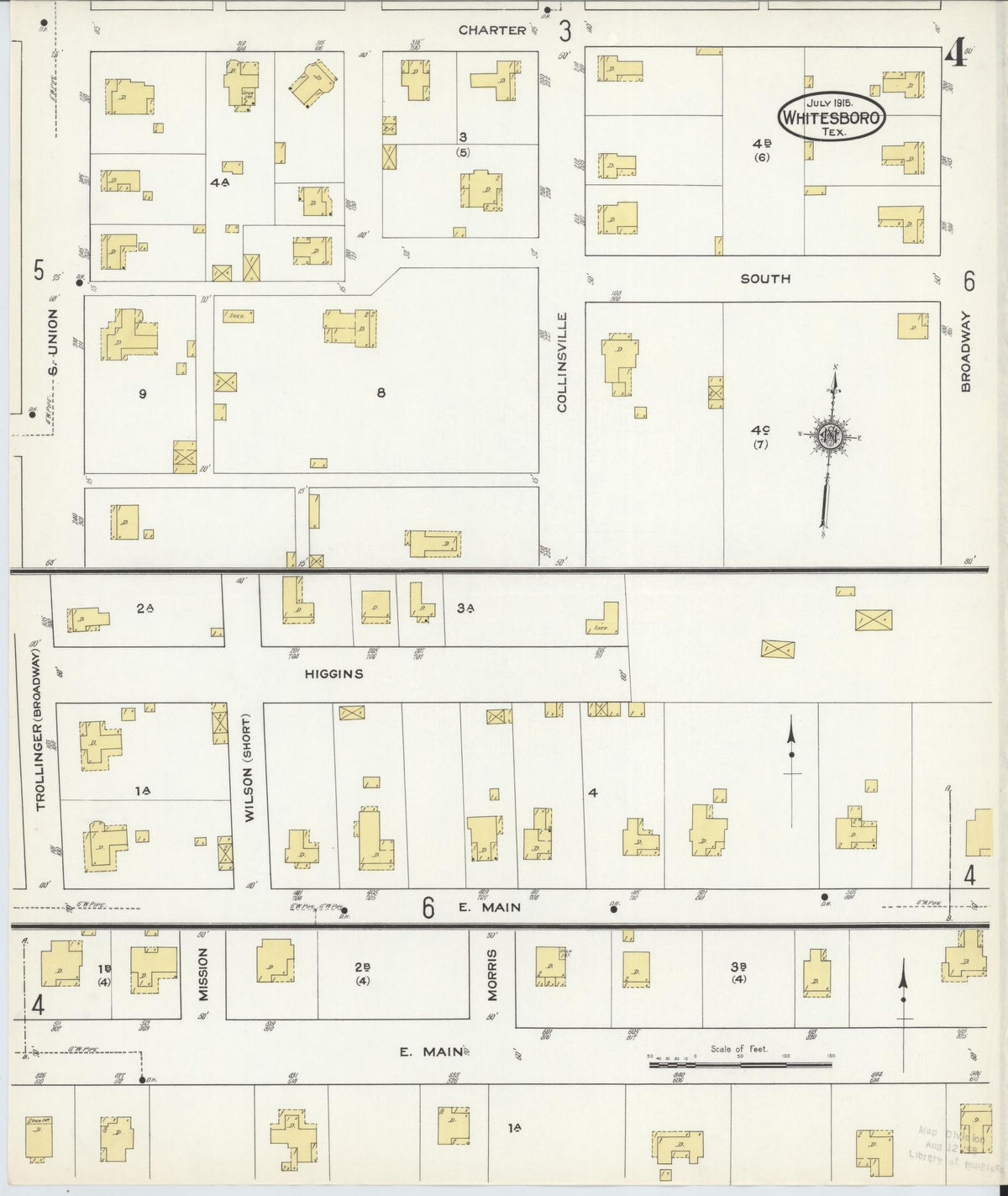Sanborn Fire Insurance Map from Whitesboro, Grayson County, Texas (1915), Sheet #0004 - Complete Map Set gallery image, historic Sanborn map, vintage wall art, Texas Texas