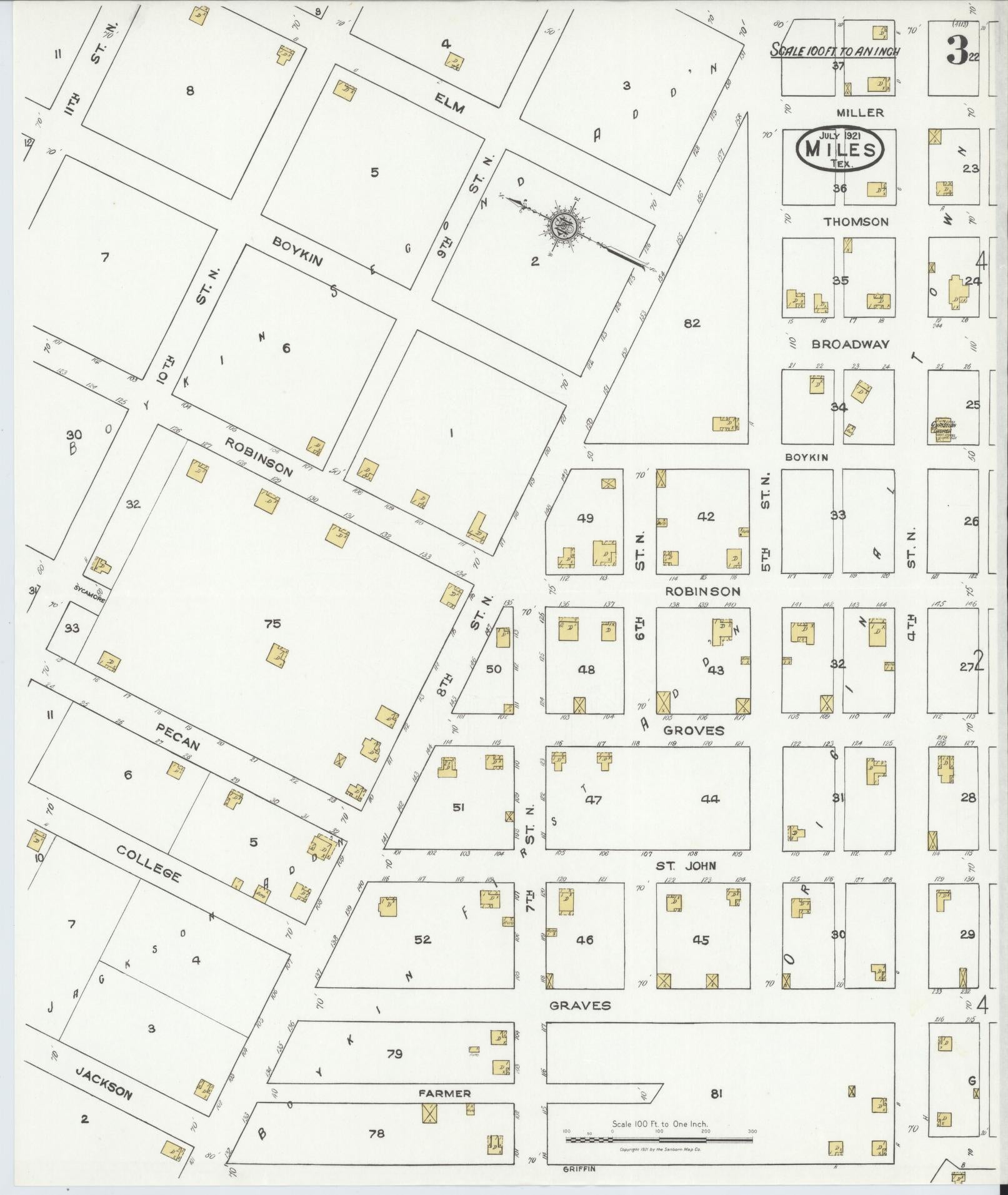 Sanborn Fire Insurance Map from Miles, Runnels County, Texas (1921), Sheet #0003 - Complete Map Set gallery image, historic Sanborn map, vintage wall art, Texas Texas