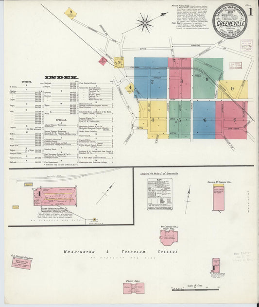 Sanborn Fire Insurance Map from Greeneville, Greene County, Tennessee (1908), Sheet #0001 - Complete Map Set gallery image, historic Sanborn map, vintage wall art, Tennessee Tennessee
