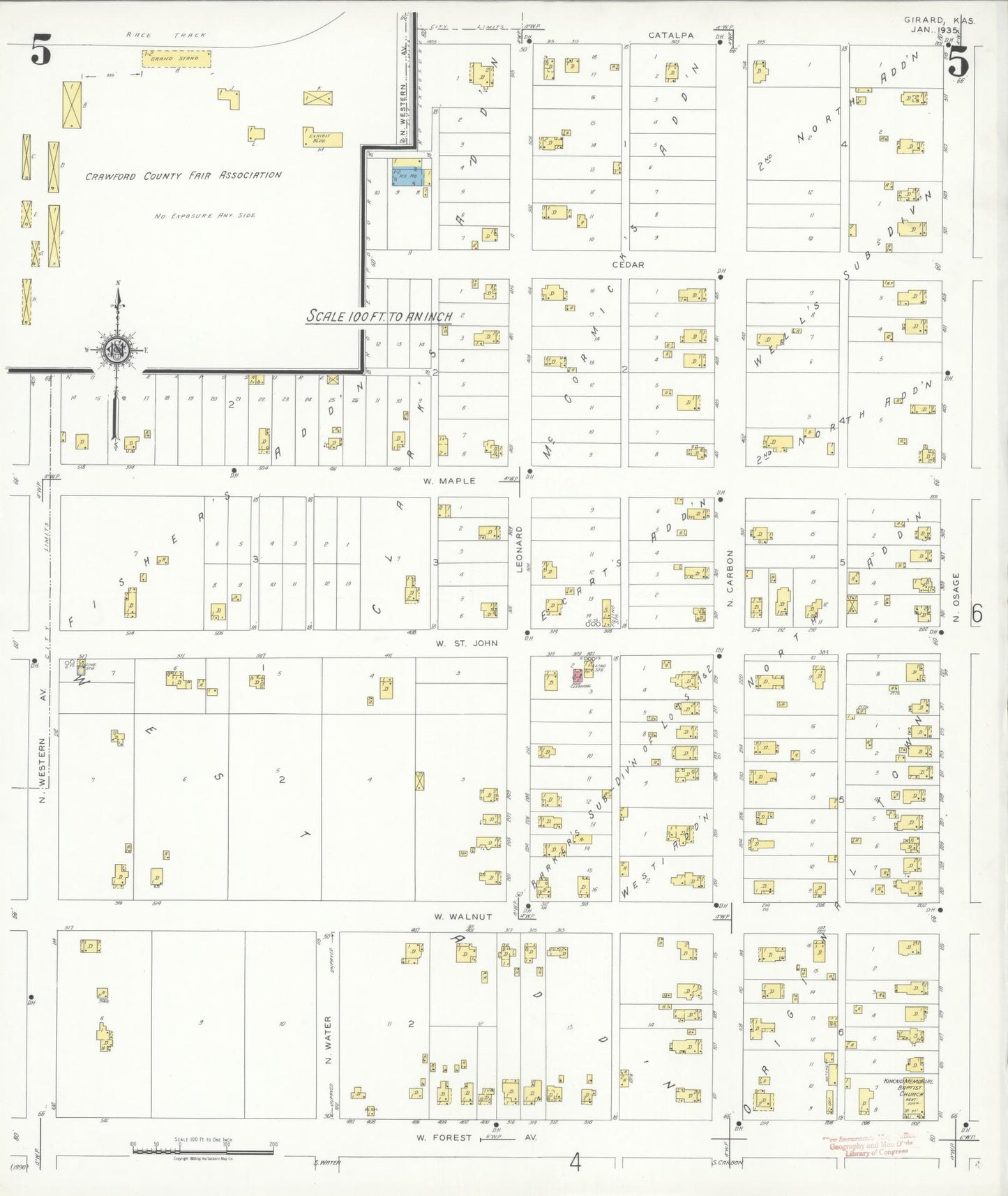 Sanborn Fire Insurance Map from Girard, Crawford County, Kansas (1935), Sheet #0005 - Complete Map Set gallery image, historic Sanborn map, vintage wall art, Kansas Kansas