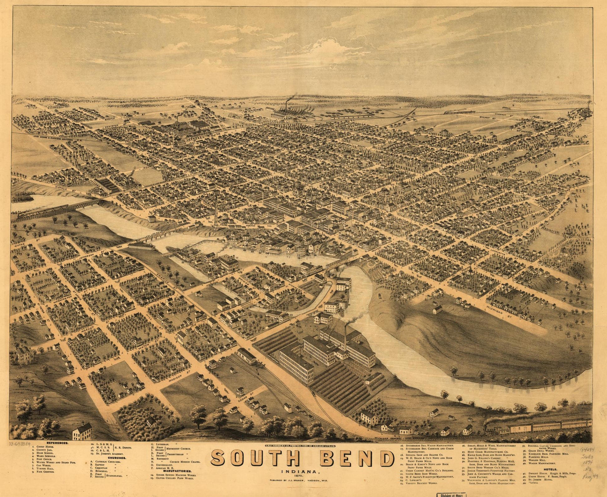 South Bend, Indiana 1874. (1874) – Historic Bird’s-Eye View Panorama Print