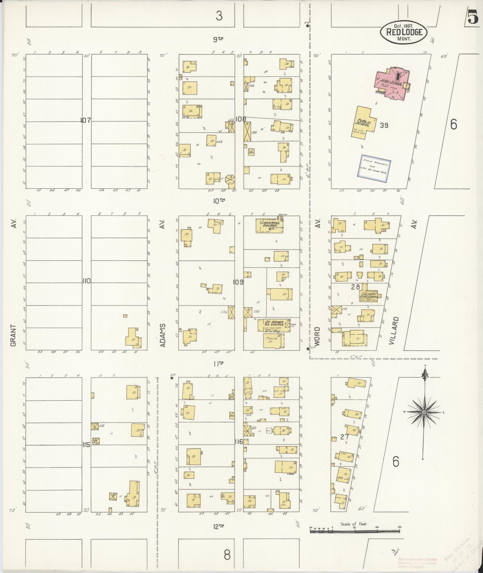 Sanborn Fire Insurance Map from Red Lodge, Carbon County, Montana (1907), Sheet #0005 - Historic Sanborn Fire Insurance Map Print, vintage old map wall art, antique decor, genealogy gift, Montana Montana map