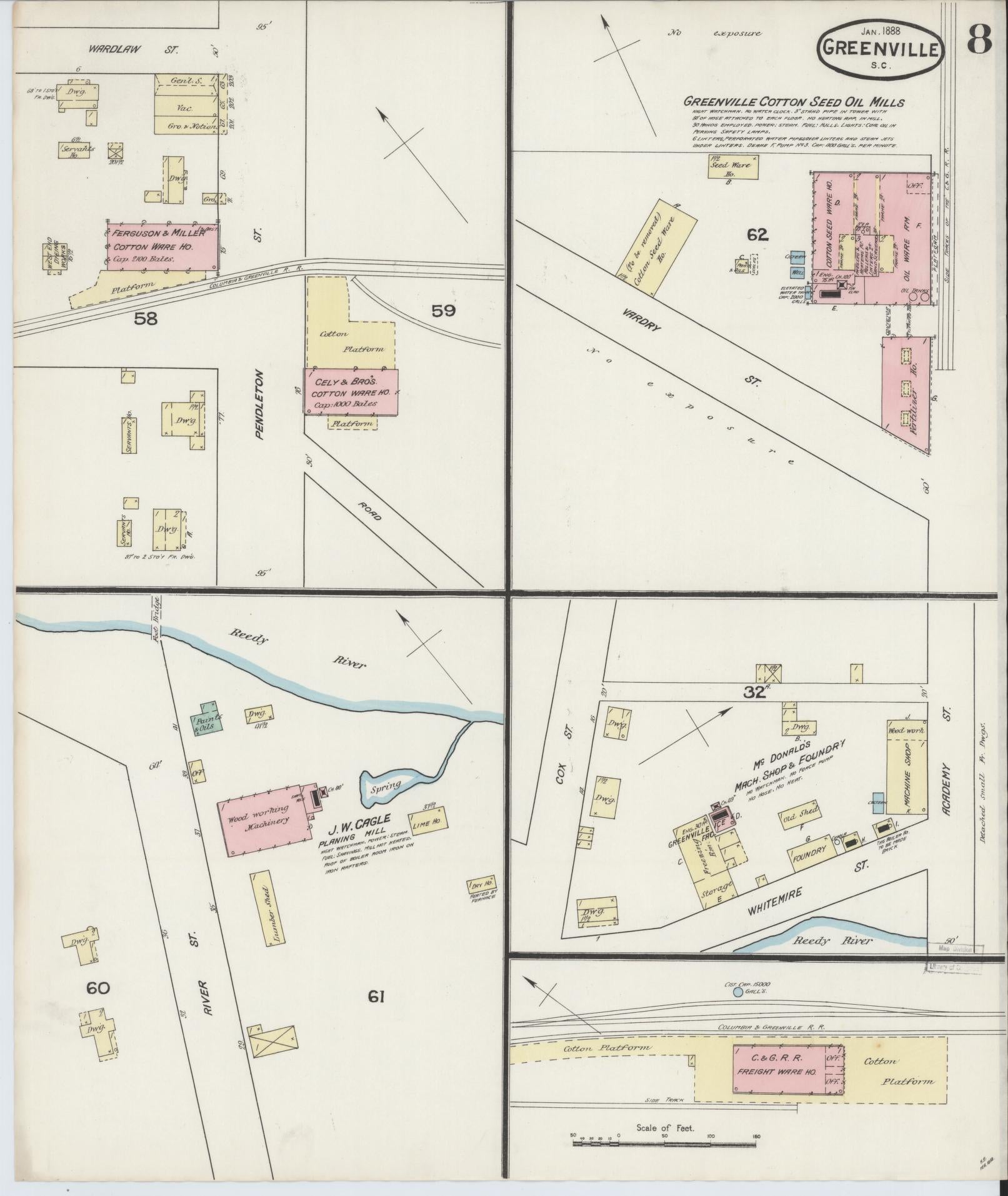 Sanborn Fire Insurance Map from Greenville, Greenville County, South Carolina (1888), Sheet #0008 - Complete Map Set gallery image, historic Sanborn map, vintage wall art, South Carolina South Carolina