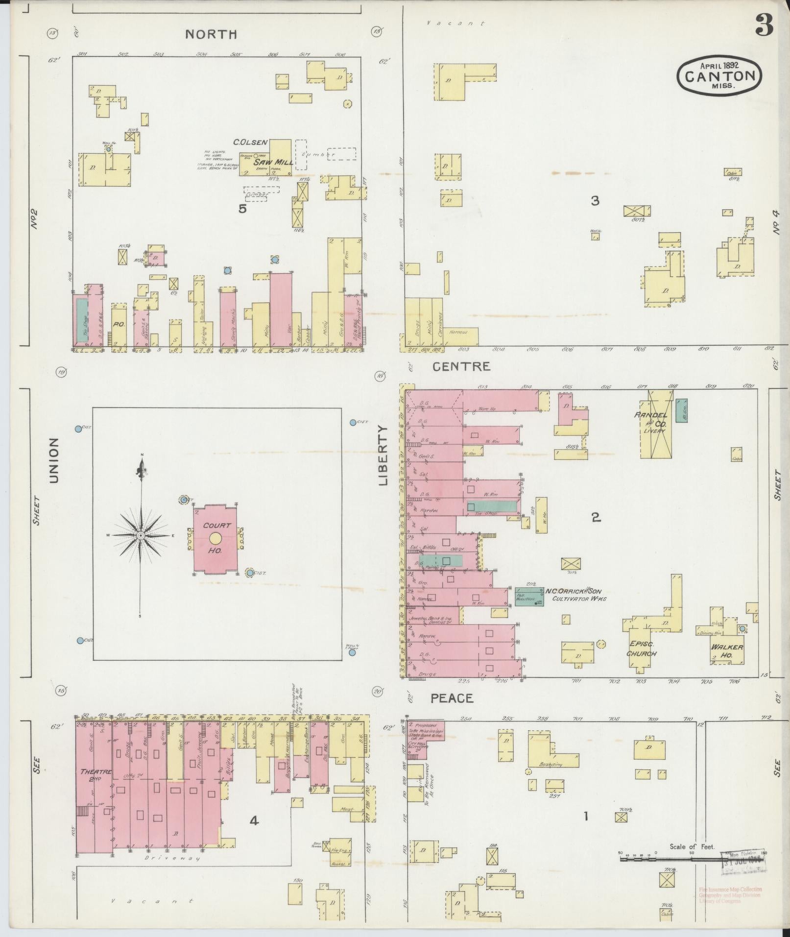 Sanborn Fire Insurance Map from Canton, Madison County, Mississippi (1892), Sheet #0003 - Historic Sanborn Fire Insurance Map Print, vintage old map wall art, antique decor, genealogy gift, Mississippi Mississippi map